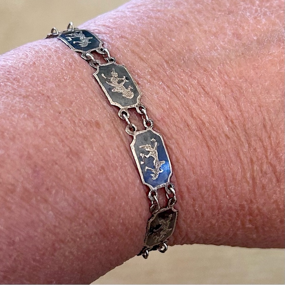 Vintage Siam Niello Dancer Chain Sterling Silver Bracelet